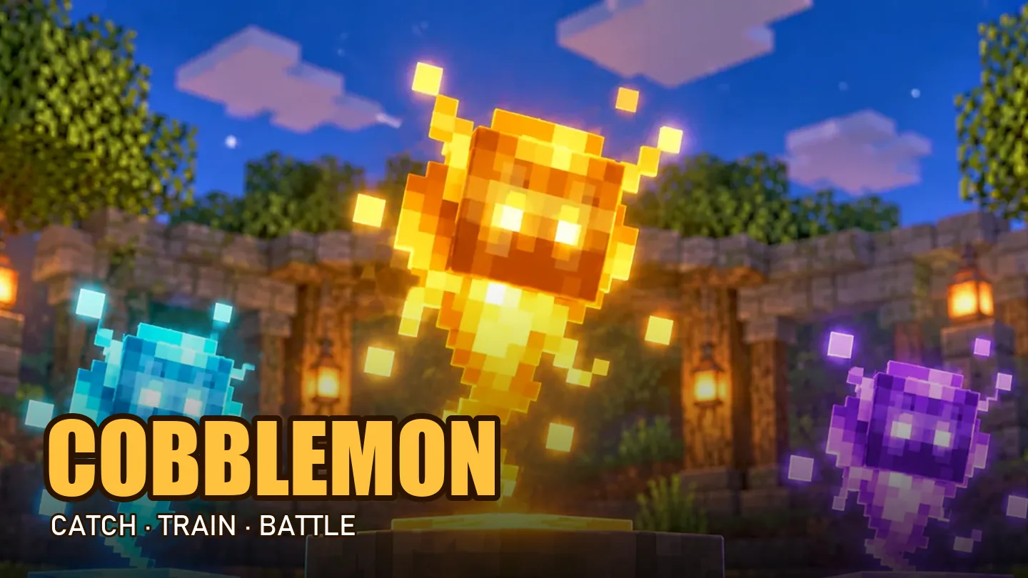 Glowing creatures on stone pedestals with a Cobblemon badge