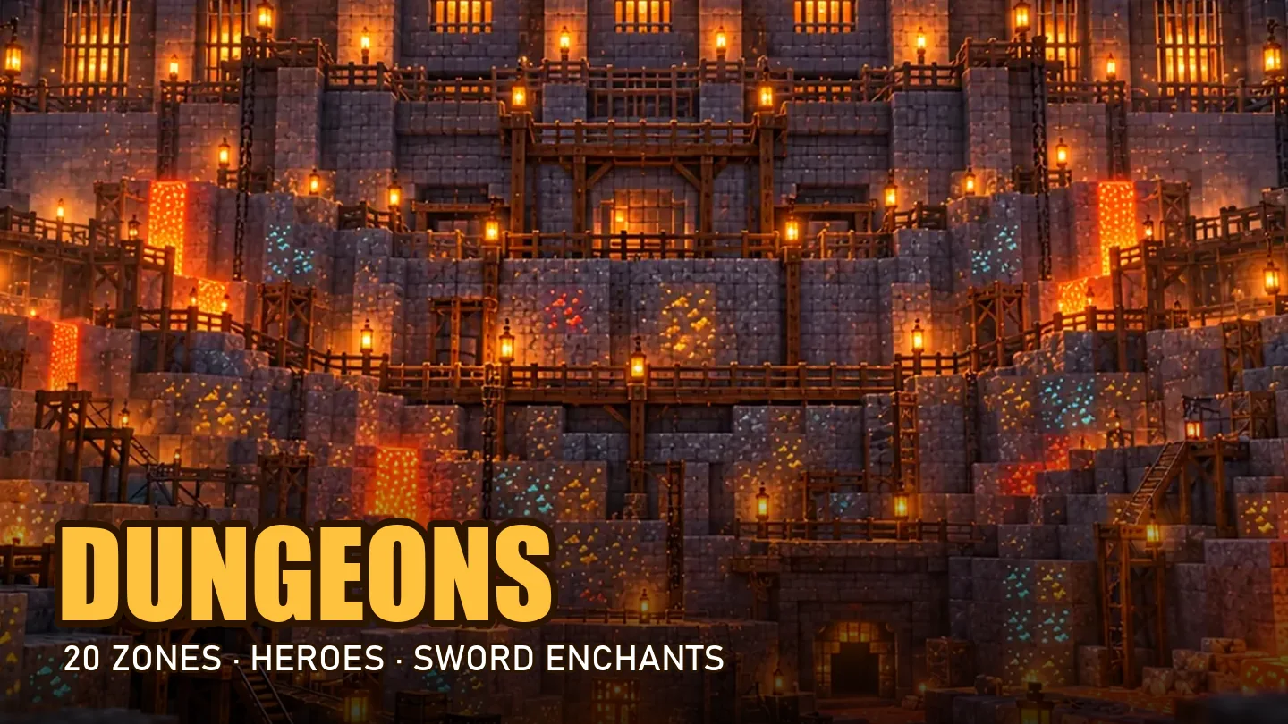 A glowing fortress at night with a Dungeons badge