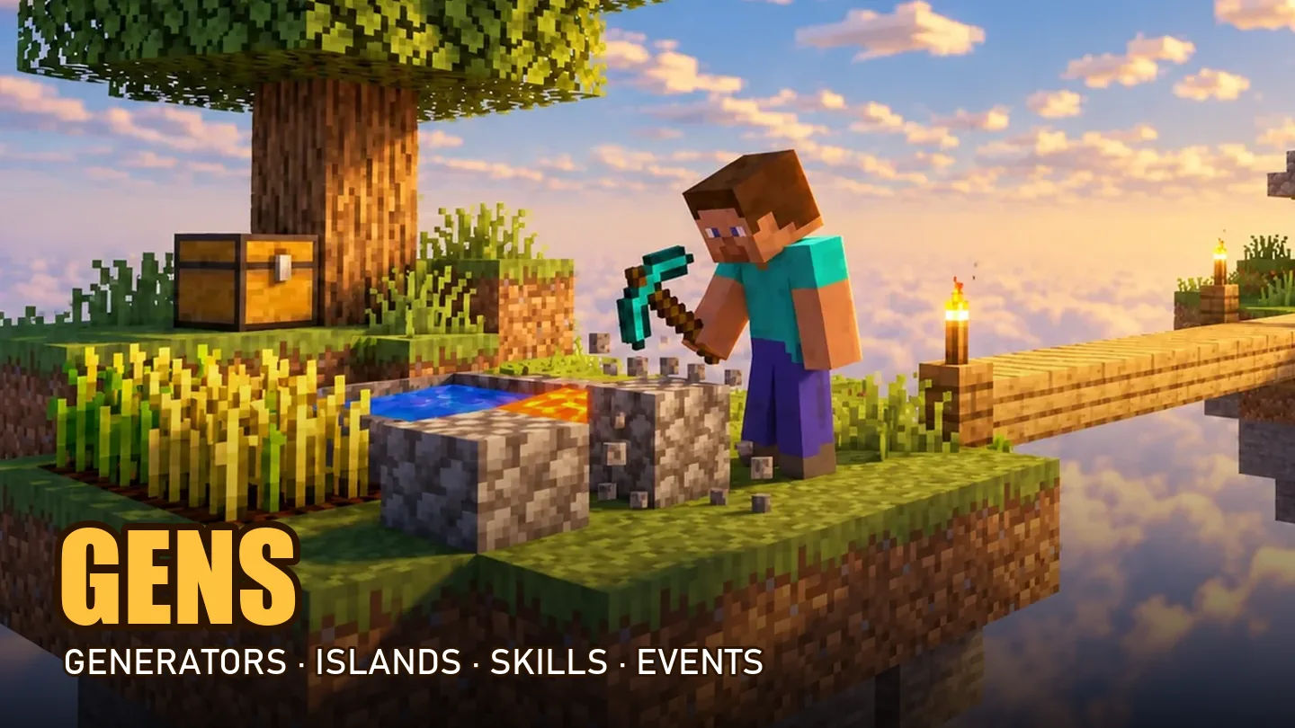 A player on a floating island with a Gens badge