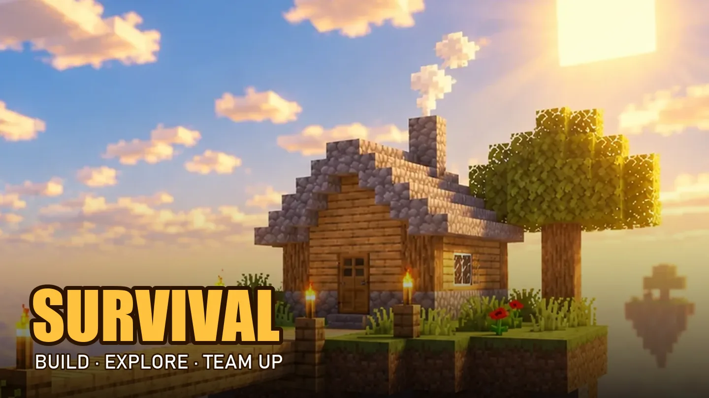 A wooden house on a floating island at sunset with a Survival badge